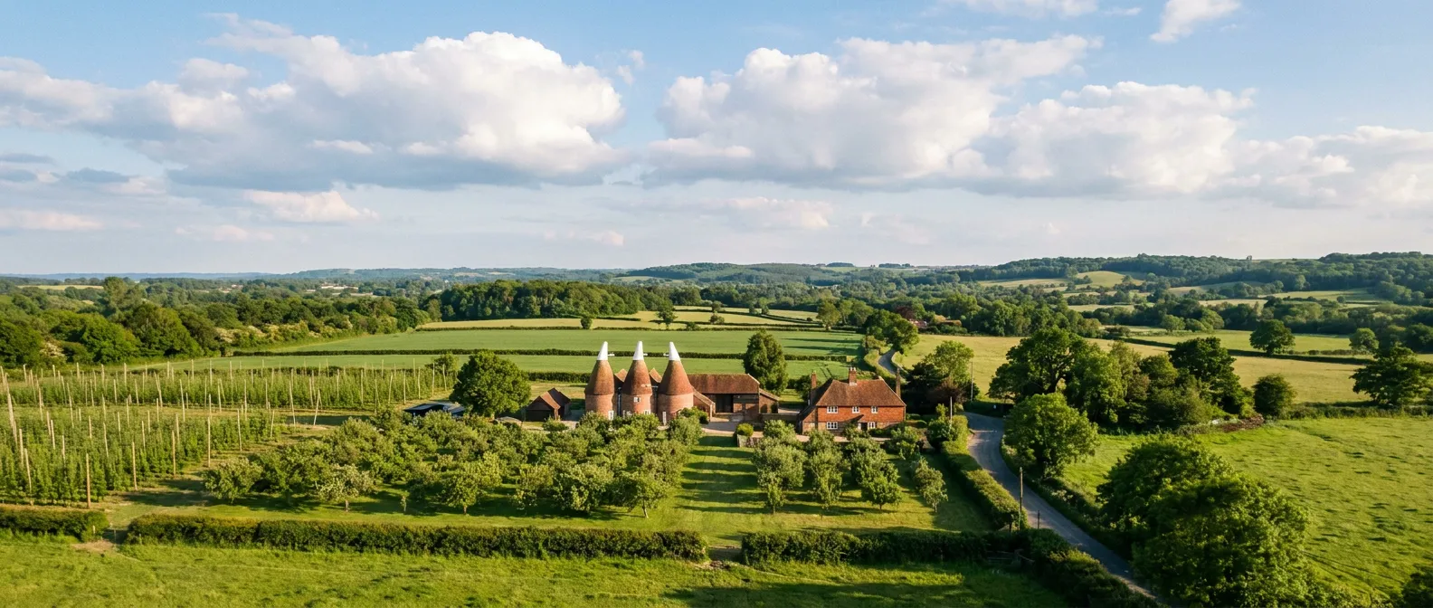 Oast houses and orchards in the Kent Weald, with farmland rolling away to wooded hills